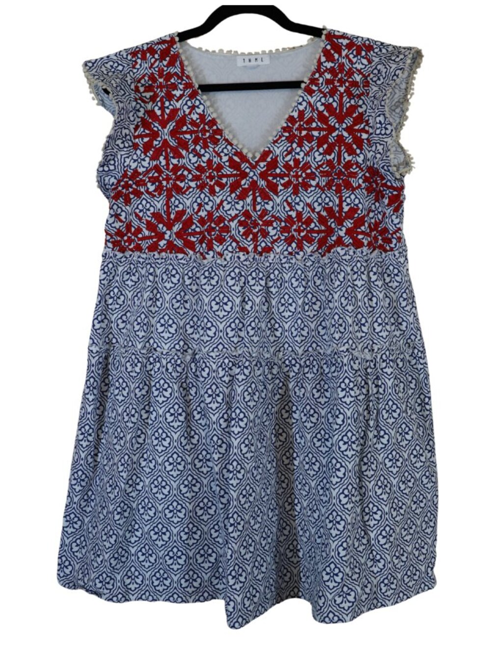 THML Embroidered V-Neck Tiered Mini Dress Blue White Red Size M Like New